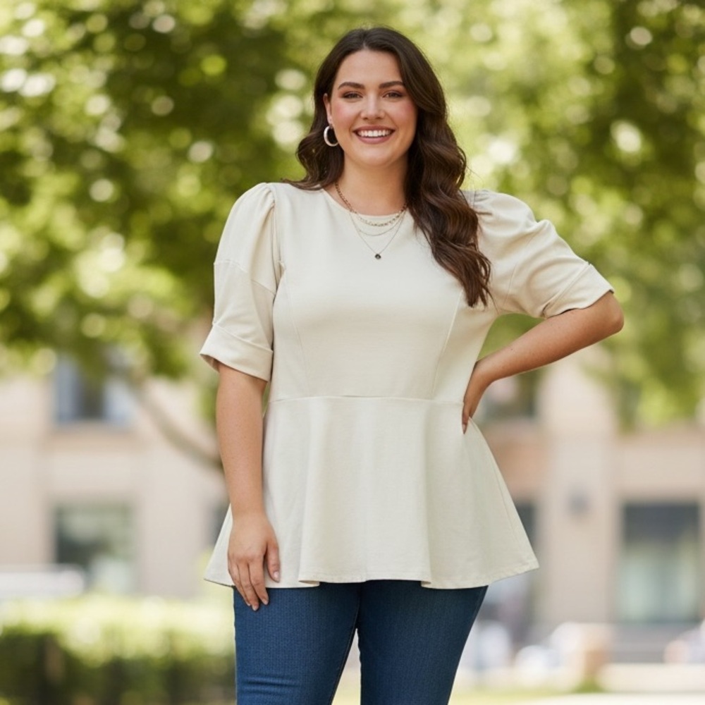 Eloquii Cream Peplum Puff Sleeve Top